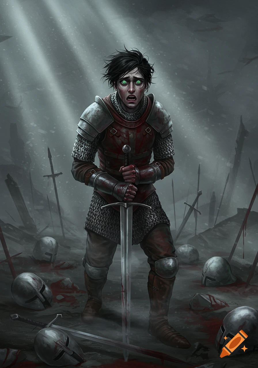 A scared knight with green eyes and black hair, wearing blood-stained chainmail and leather armor, stands on a battlefield surrounded by discarded helmets and swords.