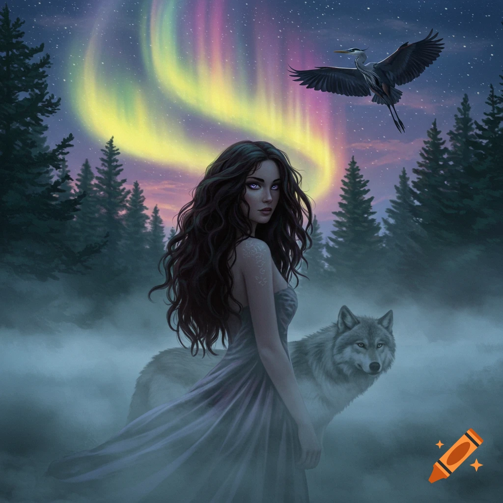 A woman with purple eyes and long hair stands in a foggy forest with a wolf, under vibrant northern lights. A heron flies overhead.