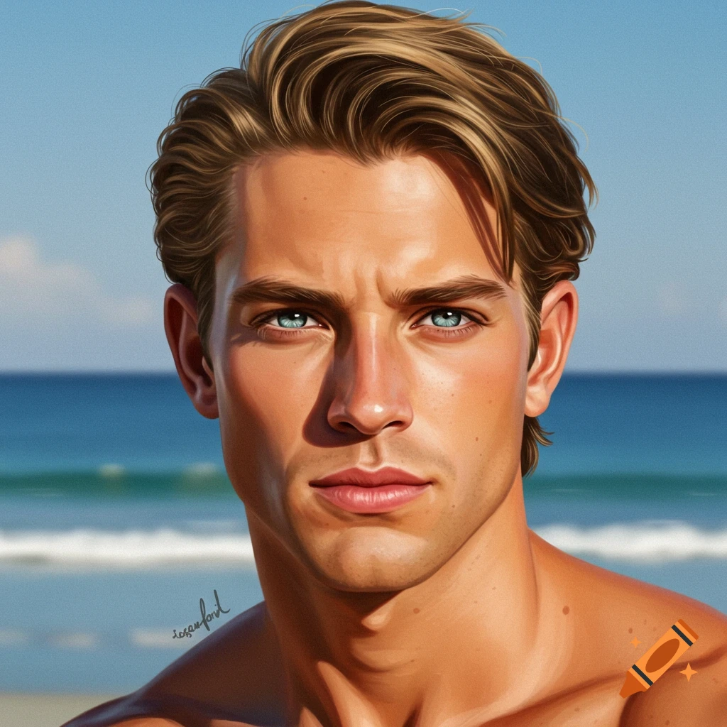 Close-up digital art portrait of a tanned man with blue eyes and light brown hair, with a beach background.