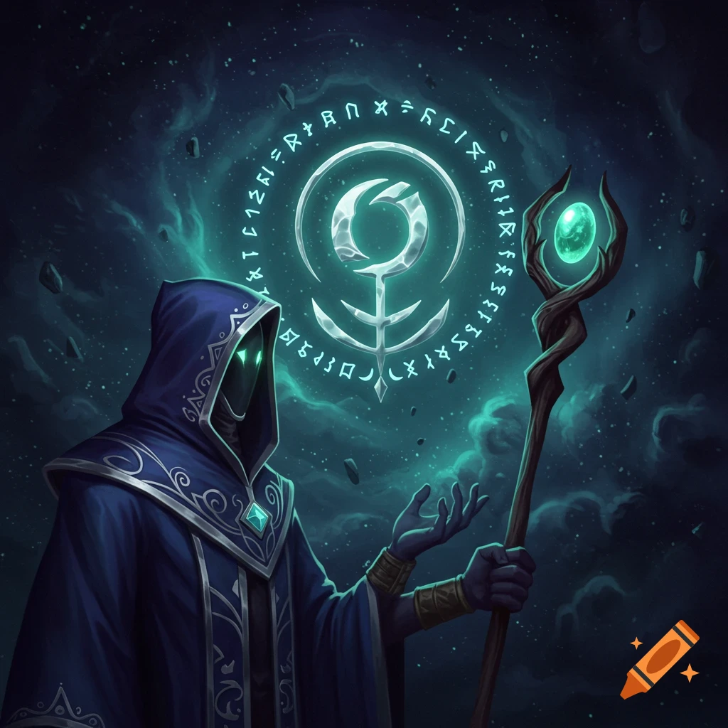 A hooded mage in dark blue robes holding a glowing staff, standing before a cosmic background with a large glowing symbol surrounded by runes.