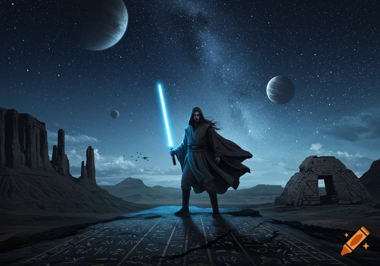 A hooded figure resembling a Jedi stands on a stone path with alien glyphs, holding a blue lightsaber under a starry, multi-moon sky on an alien planet.