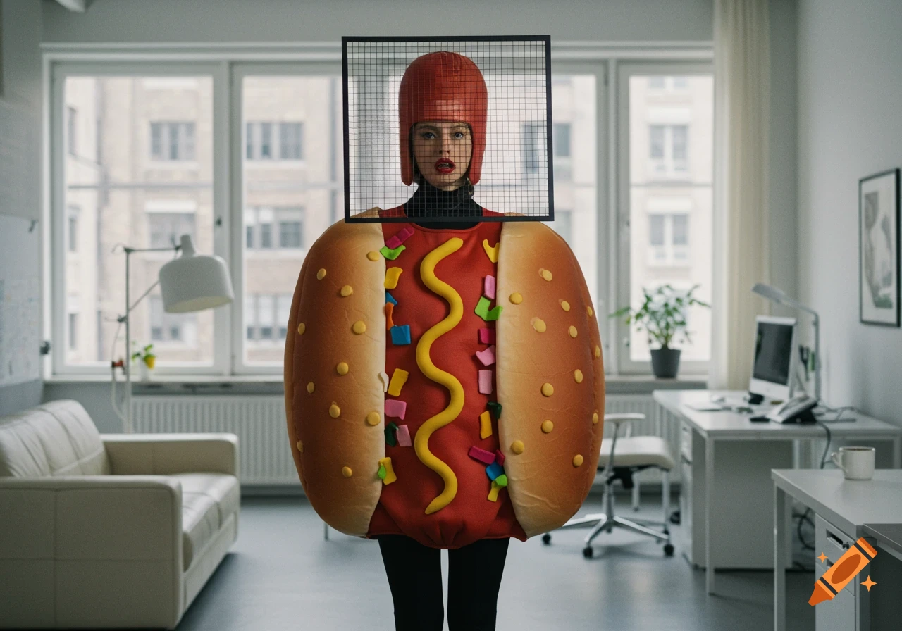 A woman in a hot dog costume with a square mesh screen over her face stands in an office.