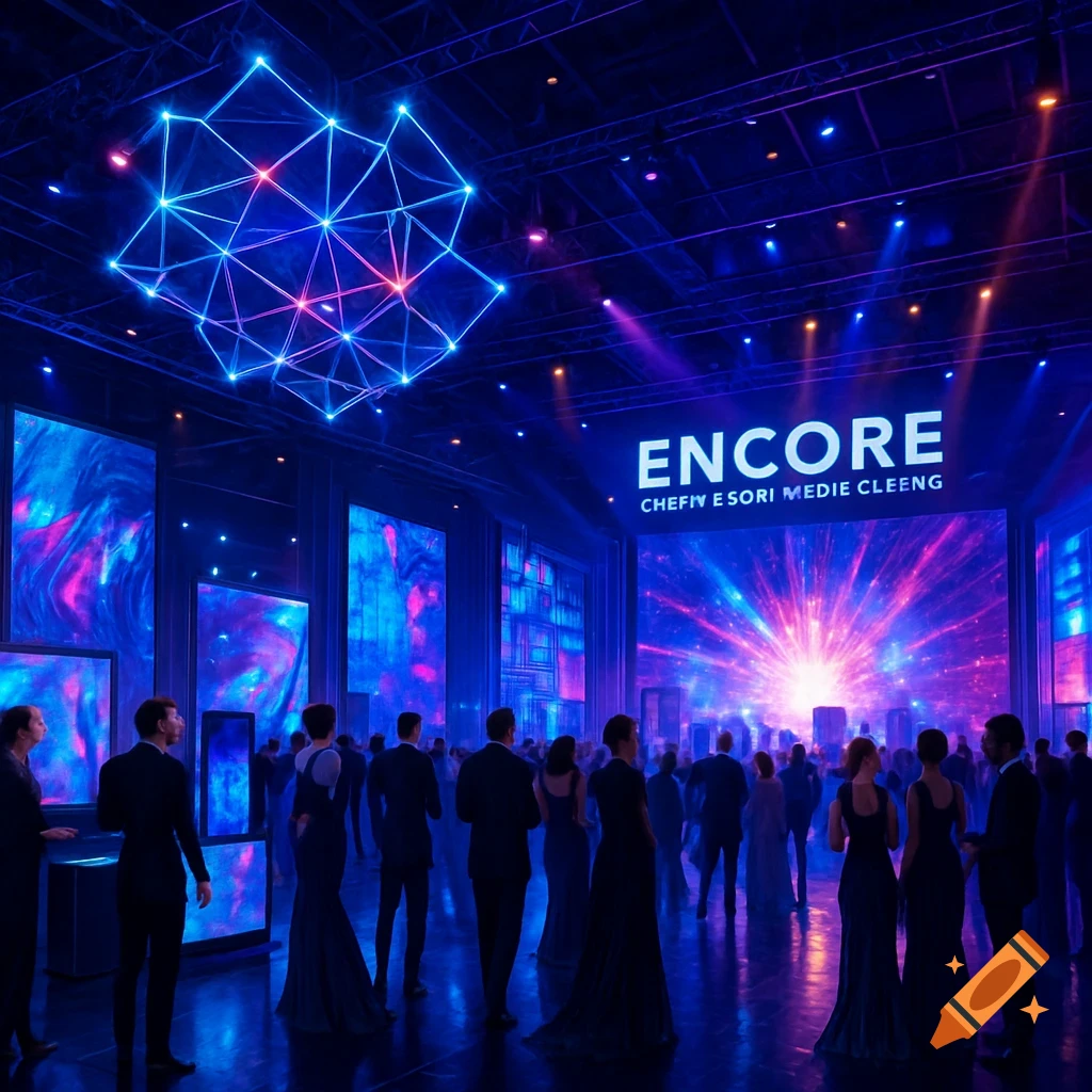 A large crowd gathers inside a dark venue with vibrant blue and pink light displays and a prominent screen showing 'ENCORE'.