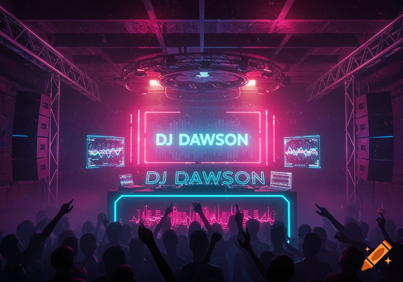 A futuristic DJ stage with bright neon signs reading 'DJ DAWSON' above a crowd of people in a dark club setting.