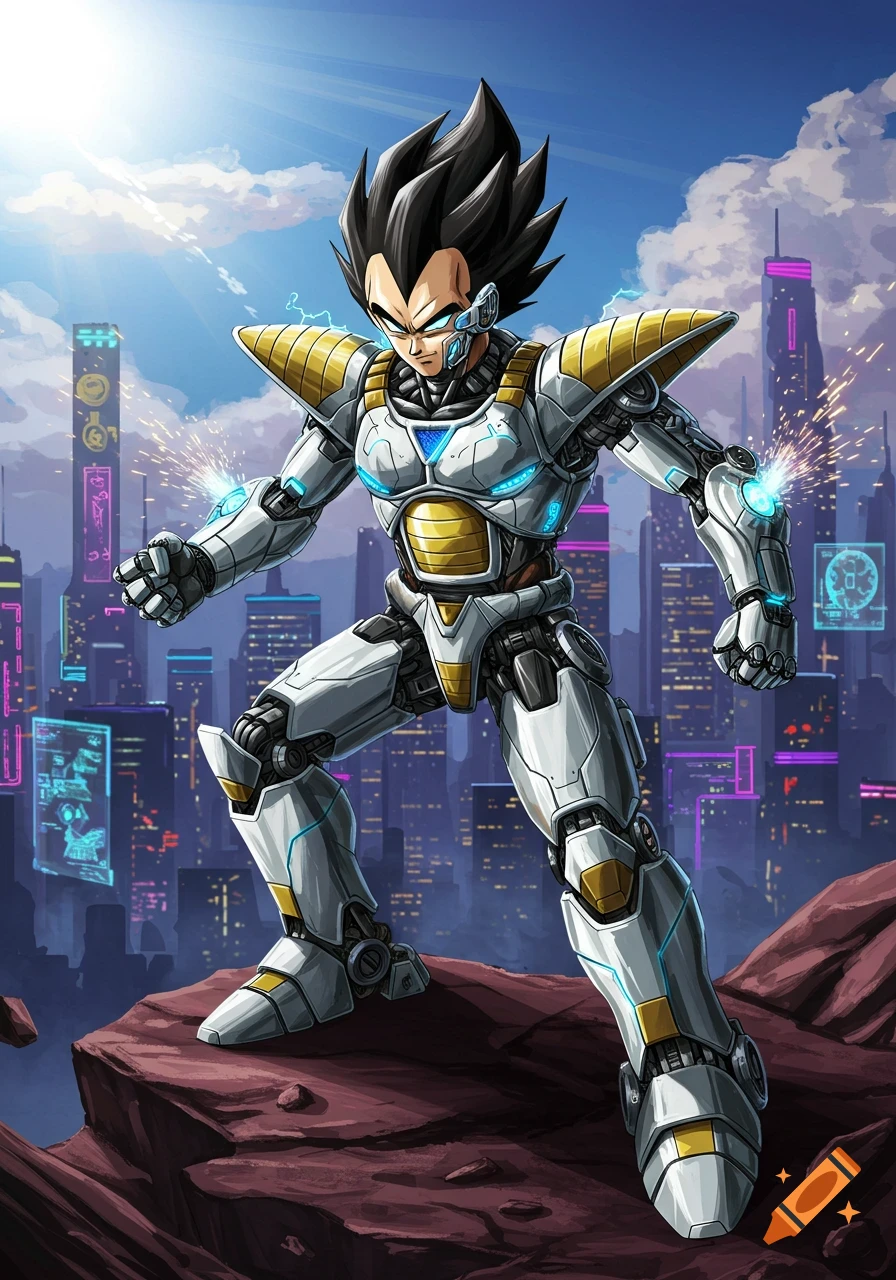 Vegeta in a white and gold mecha suit with blue glowing details stands on red rocks overlooking a futuristic city under a bright sky.