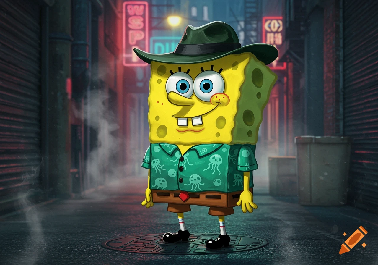 Spongebob Squarepants wearing a green Hawaiian shirt and a fedora stands in a dark, neon-lit urban alley.