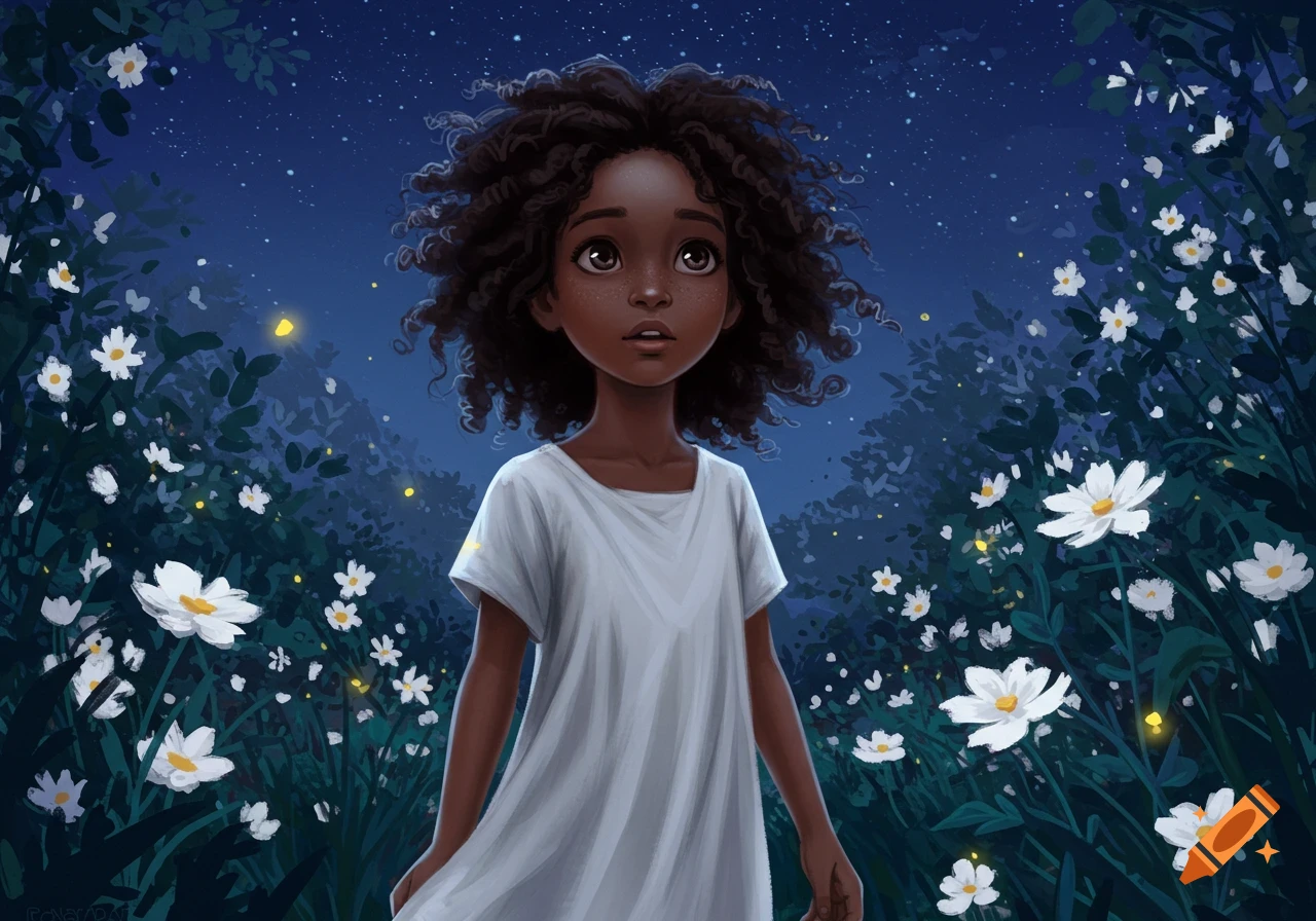 Illustration of a young Black girl with curly hair in a white dress, standing in a field of white flowers under a starry night sky with glowing fireflies.