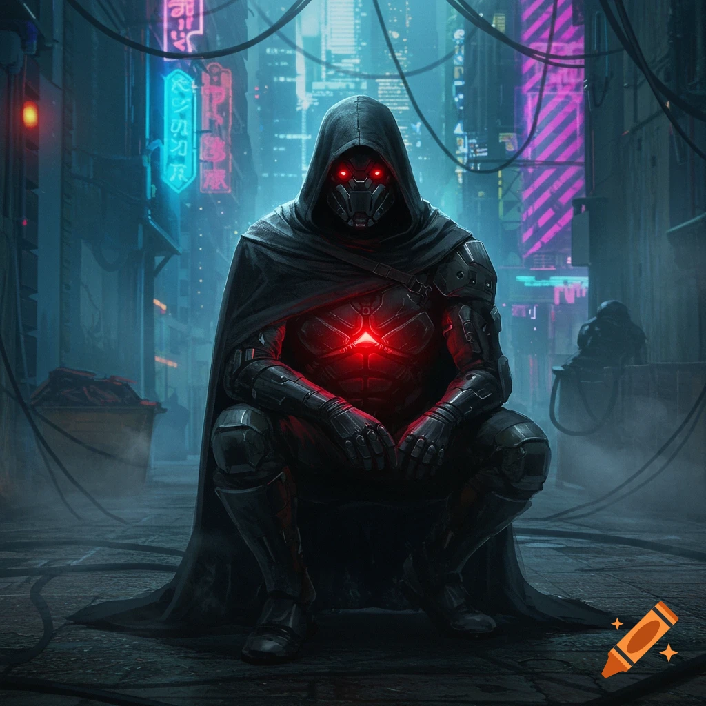 A futuristic armored warrior in a dark hooded cloak and high-tech exosuit with a glowing red chest sits in a neon-lit cyberpunk city alley.