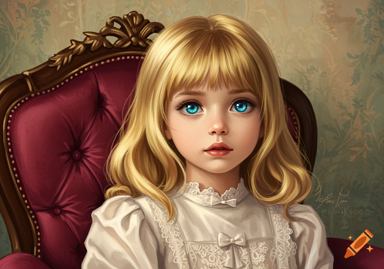 Digital painting of a young girl with golden hair and bright blue eyes, wearing a white lace dress, sitting in an ornate red chair.