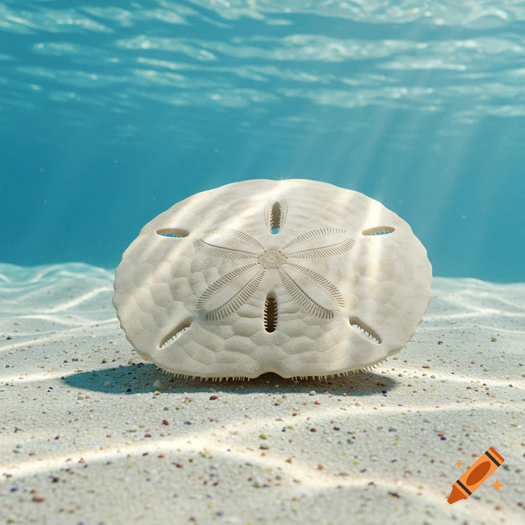 A photorealistic close-up of a sand dollar resting on the sandy ocean floor, with sunlight filtering through the clear blue water above.