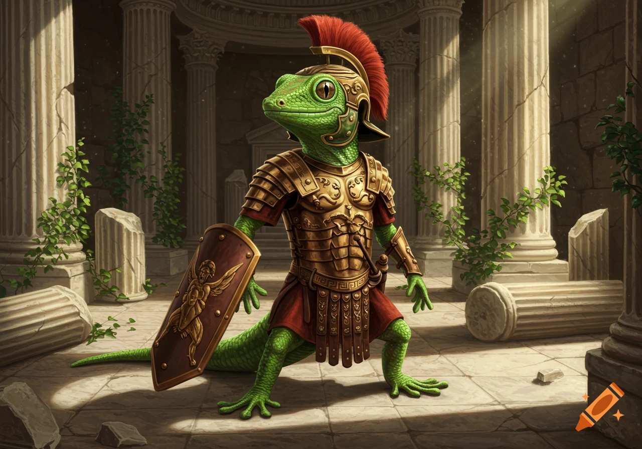 A green gecko wearing golden Roman armor and a red-plumed helmet stands in ancient ruins with broken columns and vines.