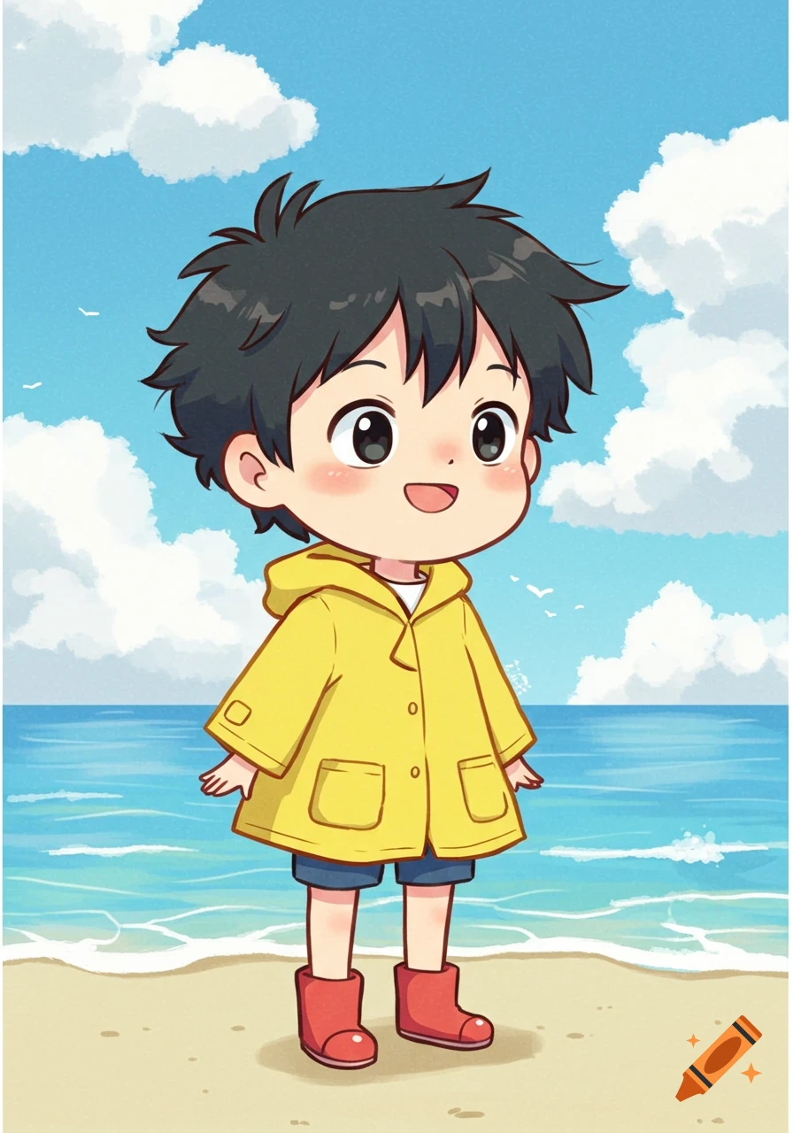 A cute chibi boy, Sosuke from Ponyo, wearing a yellow raincoat and red boots, stands on a sandy beach by the ocean.