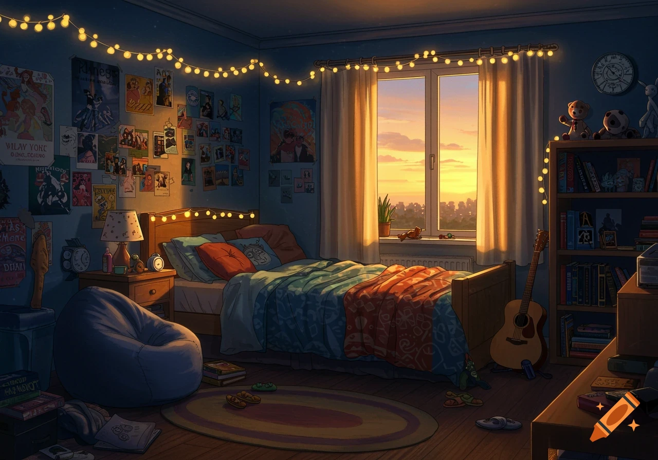 An anime-style teenager's bedroom with string lights, posters, a bean bag, and a bed, illuminated by a sunset outside the window.
