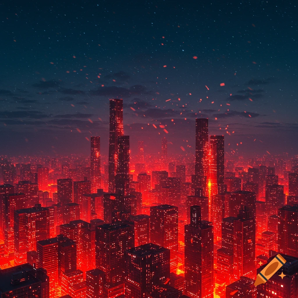 A futuristic cityscape at night with skyscrapers glowing intensely in red under a star-filled dark sky with red embers floating.