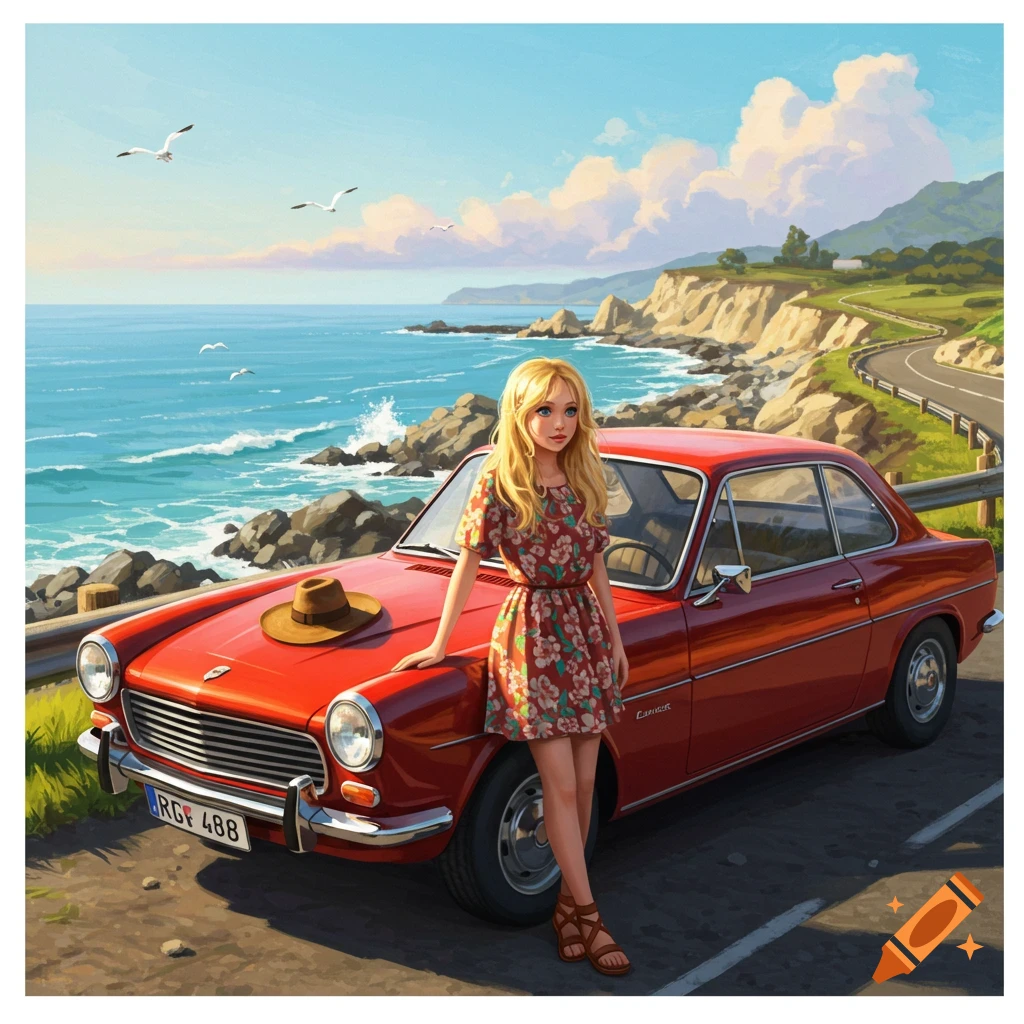 An illustration of a blonde girl in a floral dress leaning on a red car parked on a coastal road overlooking the ocean.