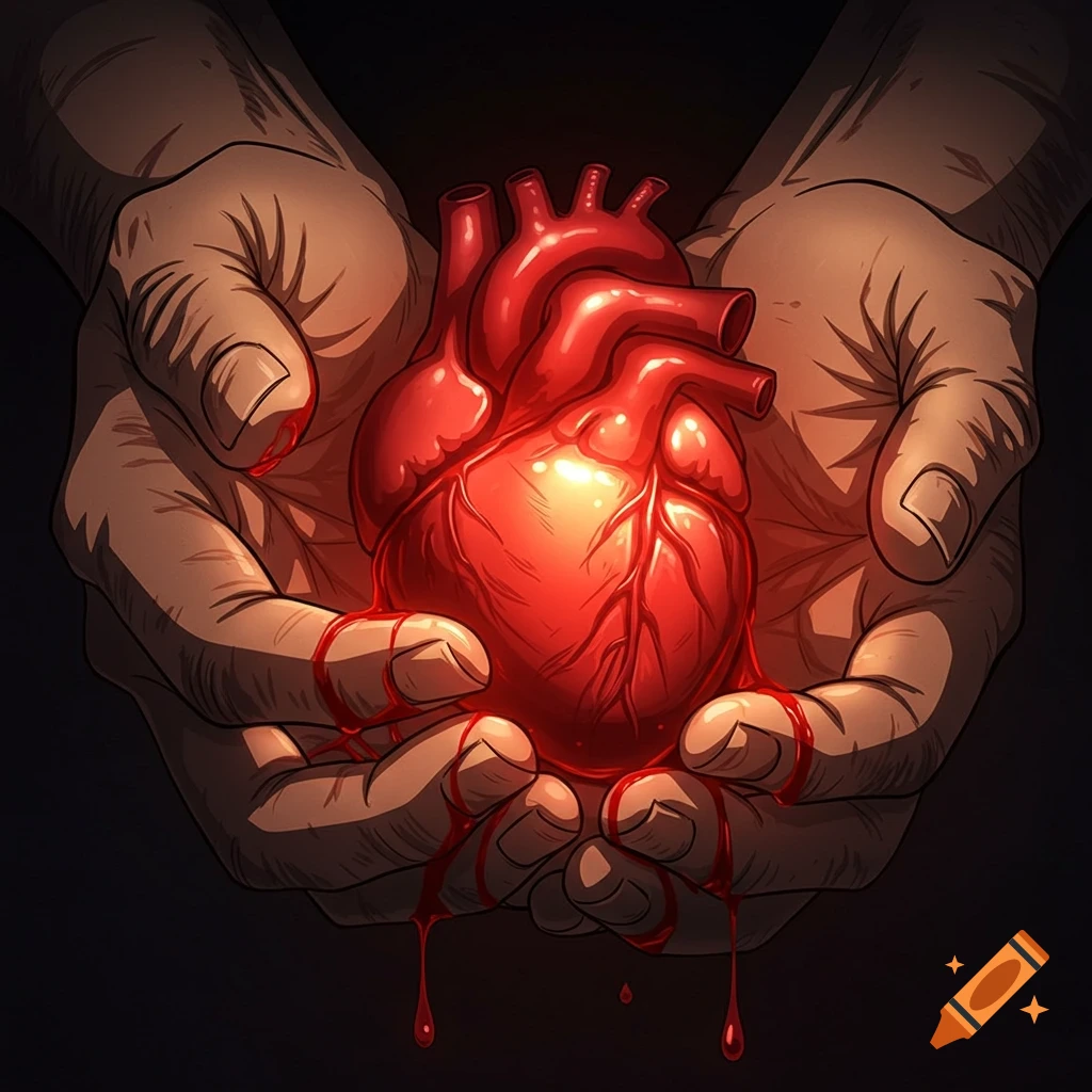 Scarred hands hold a glowing, bleeding anatomical heart in an anime art style.