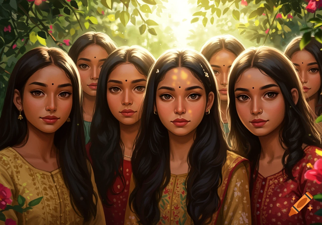 Multiple young South Asian women with long dark hair gaze forward in a lush green, sunlit forest.