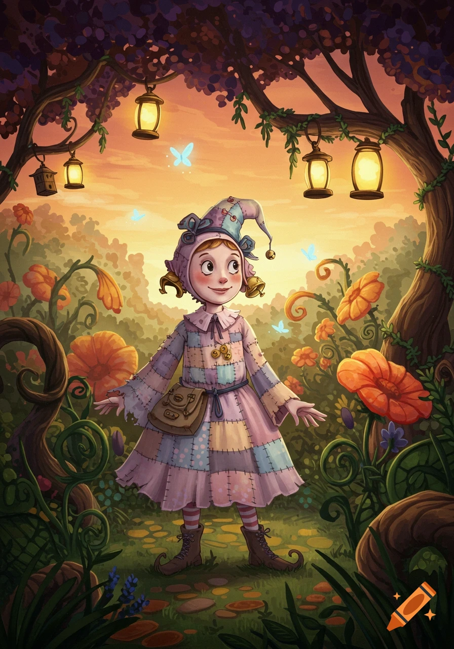A whimsical illustration of a child in a patchwork outfit and pointed hat, standing in a magical forest with glowing lanterns and large flowers.