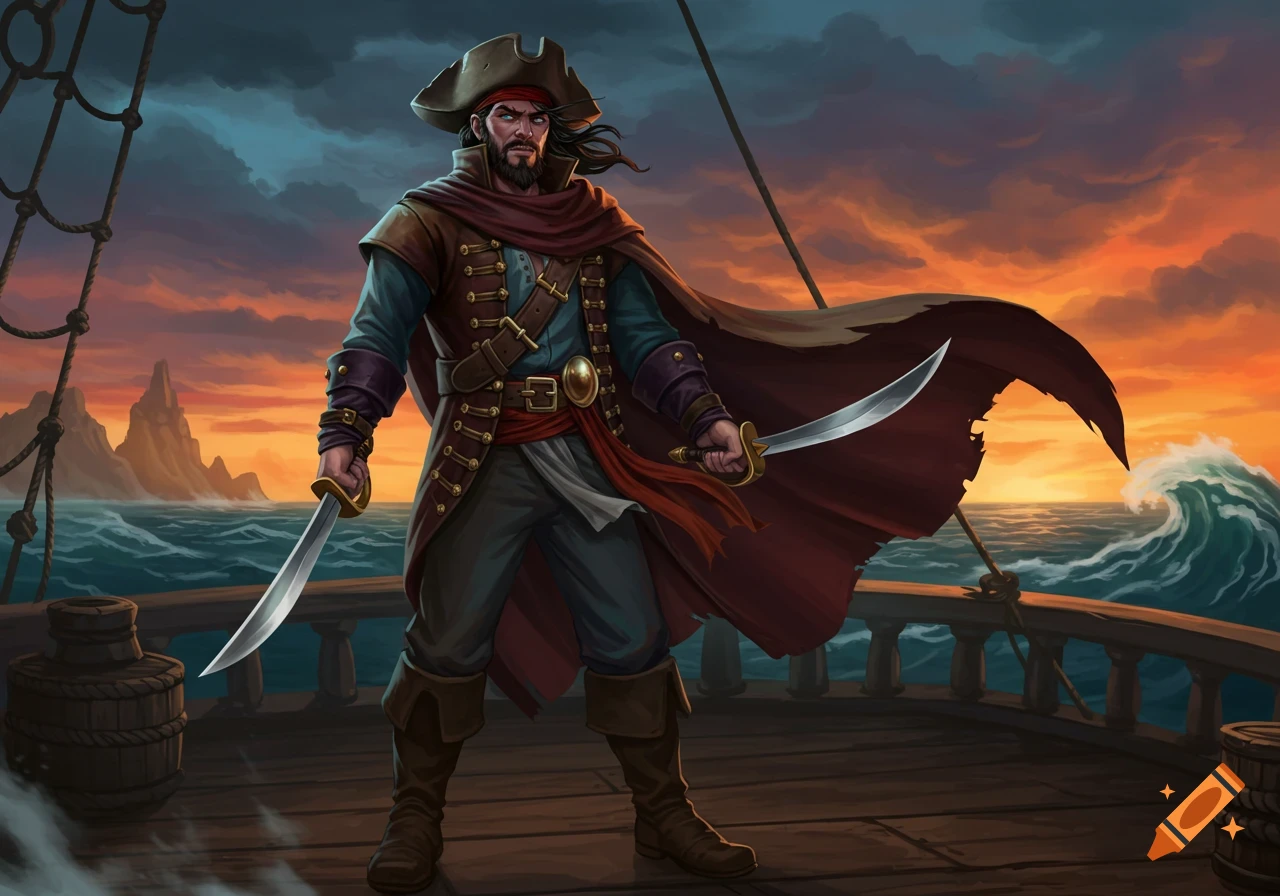A male pirate stands on a ship's deck, holding two curved swords, against a dramatic sunset sky and rough seas in a fantasy art style.
