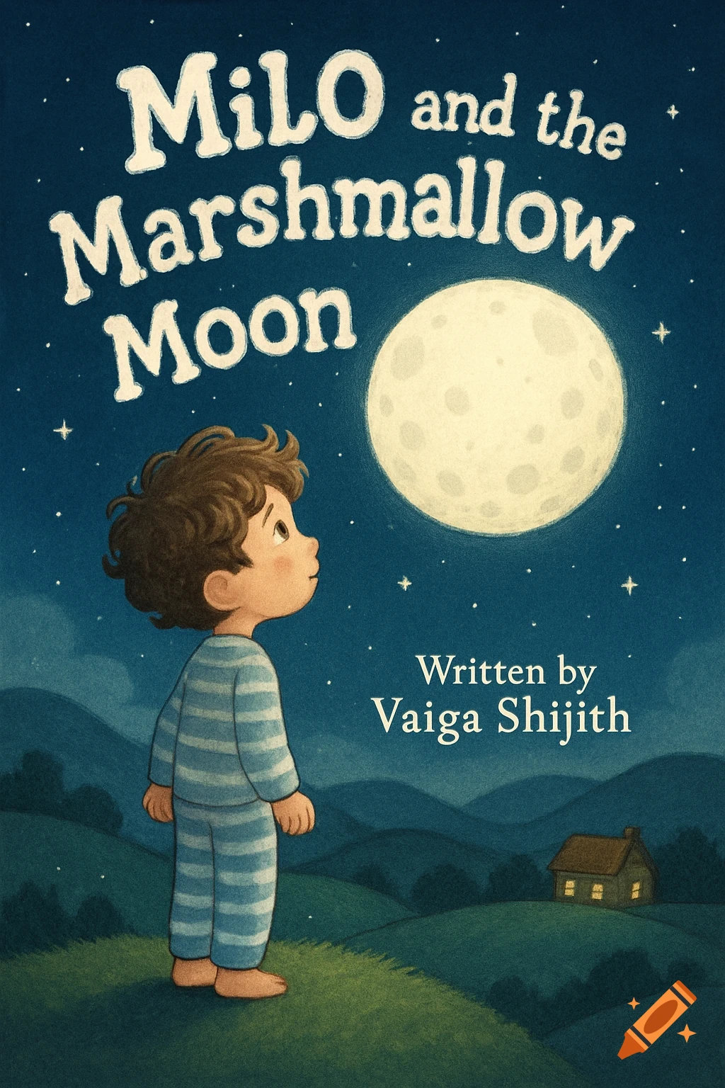 A whimsical children's book cover illustration of a young boy in pajamas looking up at a large full moon that resembles a marshmallow in a starry night sky. Rolling hills and a small house are in the background.