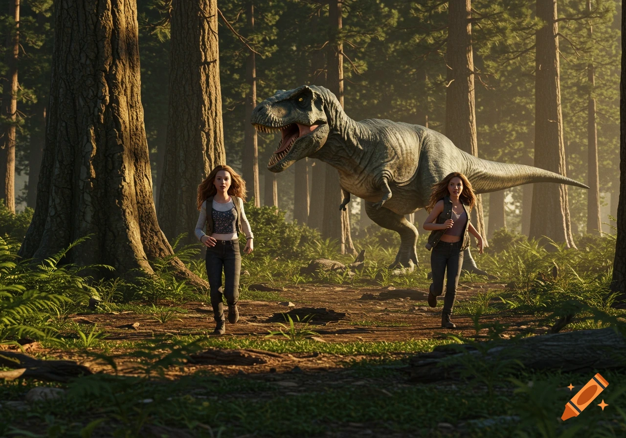 Two girls run through a lush, sunlit forest, pursued by a realistic T-Rex.