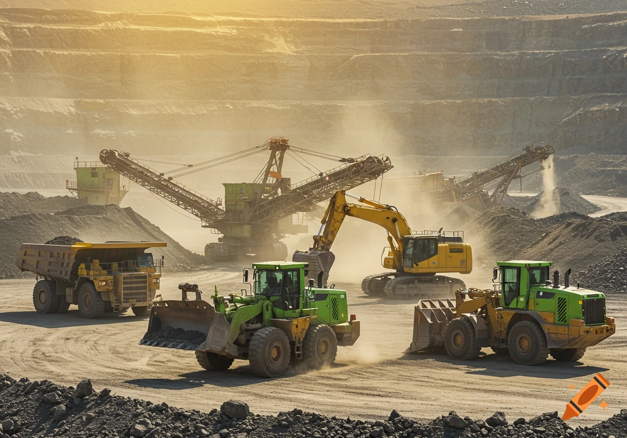 A photorealistic image of heavy machinery and vehicles working in a dusty open pit mine under sunlight.