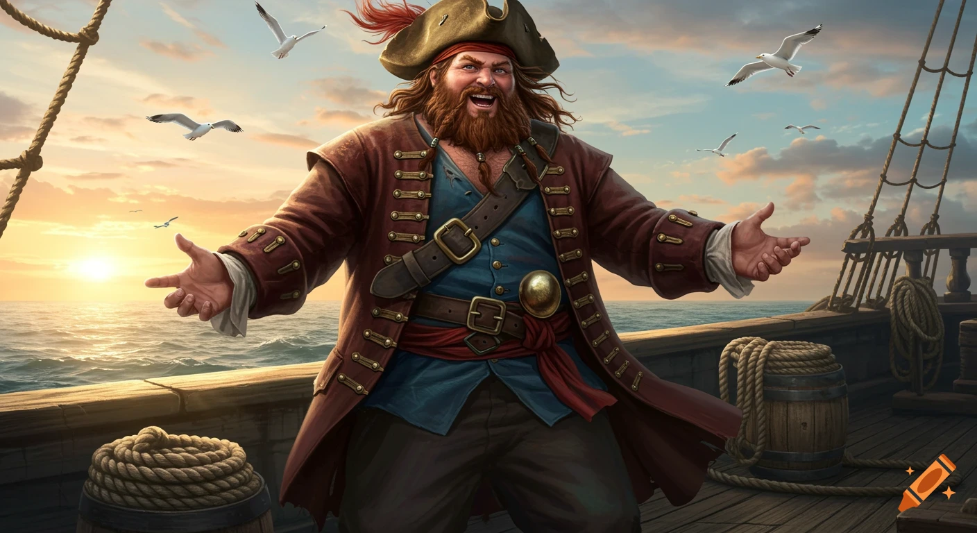 A realistic illustration of a happy, bearded pirate with arms outstretched, standing on a ship deck at sunset with seagulls flying around.