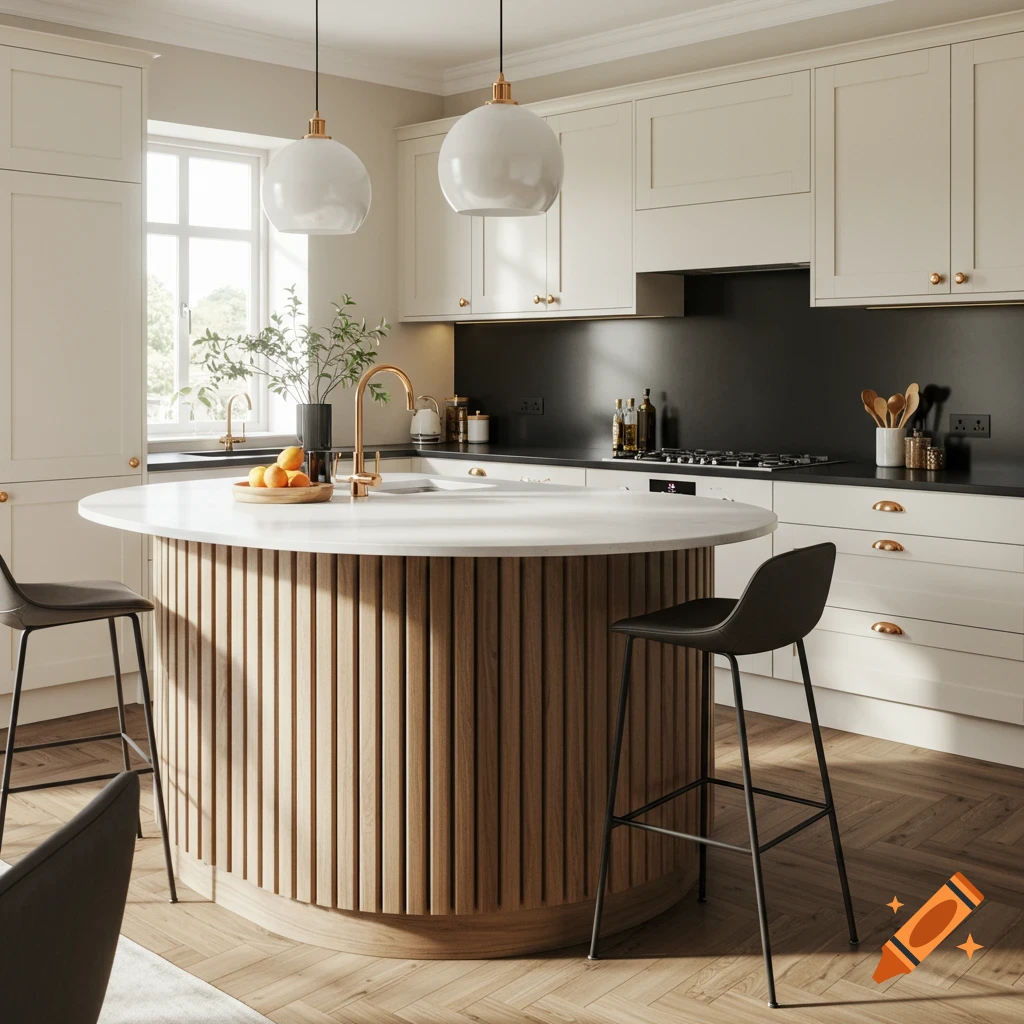 Modern kitchen with a round island, white countertop, wooden slat base, cream cabinets, and charcoal splashback.