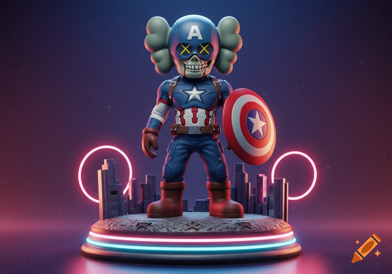 A 3D render of a KAWS-style Captain America figure with X-eyes and a skull face, holding a shield, on a glowing platform with neon lights and miniature city buildings.