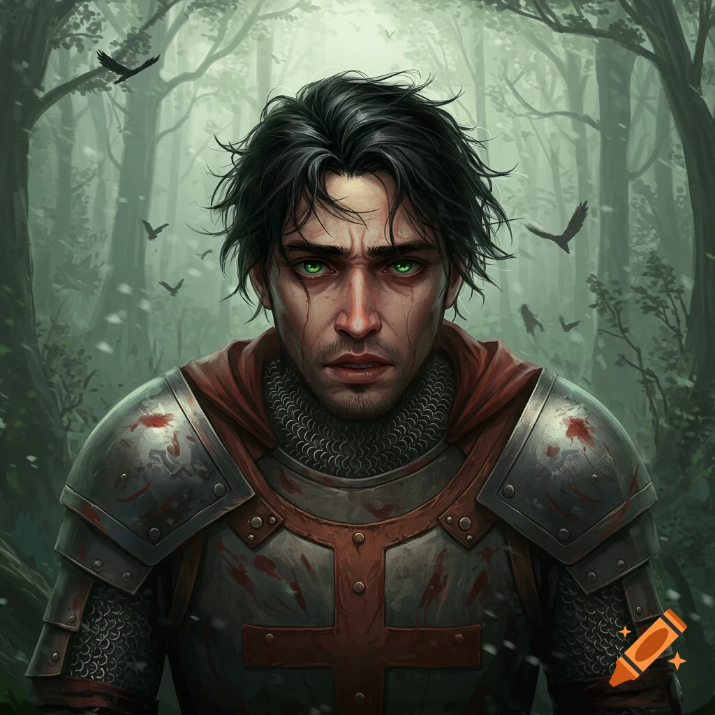 A black-haired knight with glowing green eyes and blood-splattered armor stares intensely in a misty forest with birds.