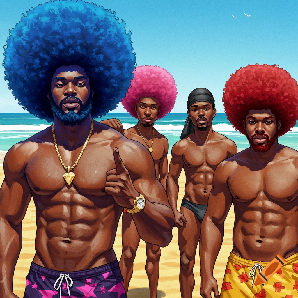 Four muscular Black men with colorful afros and a durag pose on a sunny beach in a cartoon style.