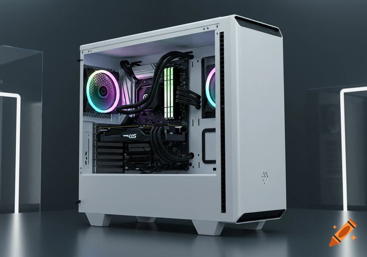 A white desktop PC with RGB lighting visible through its open side panel, showcasing internal components.