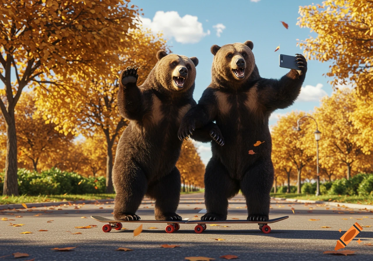 Two photorealistic bears on a skateboard take a selfie in an autumn park.