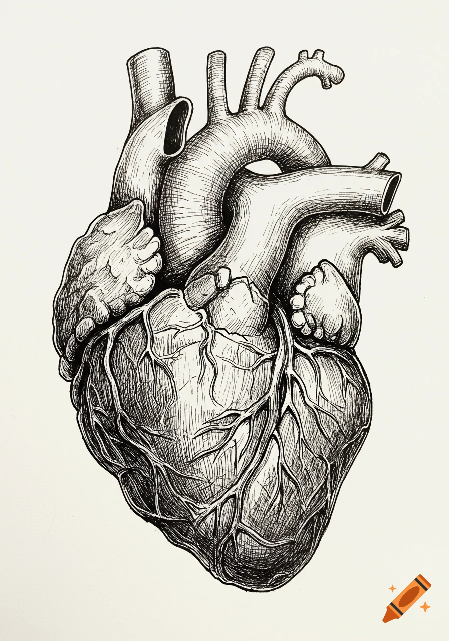 A detailed pen and ink drawing of a deformed and withered human heart, with intricate line work.