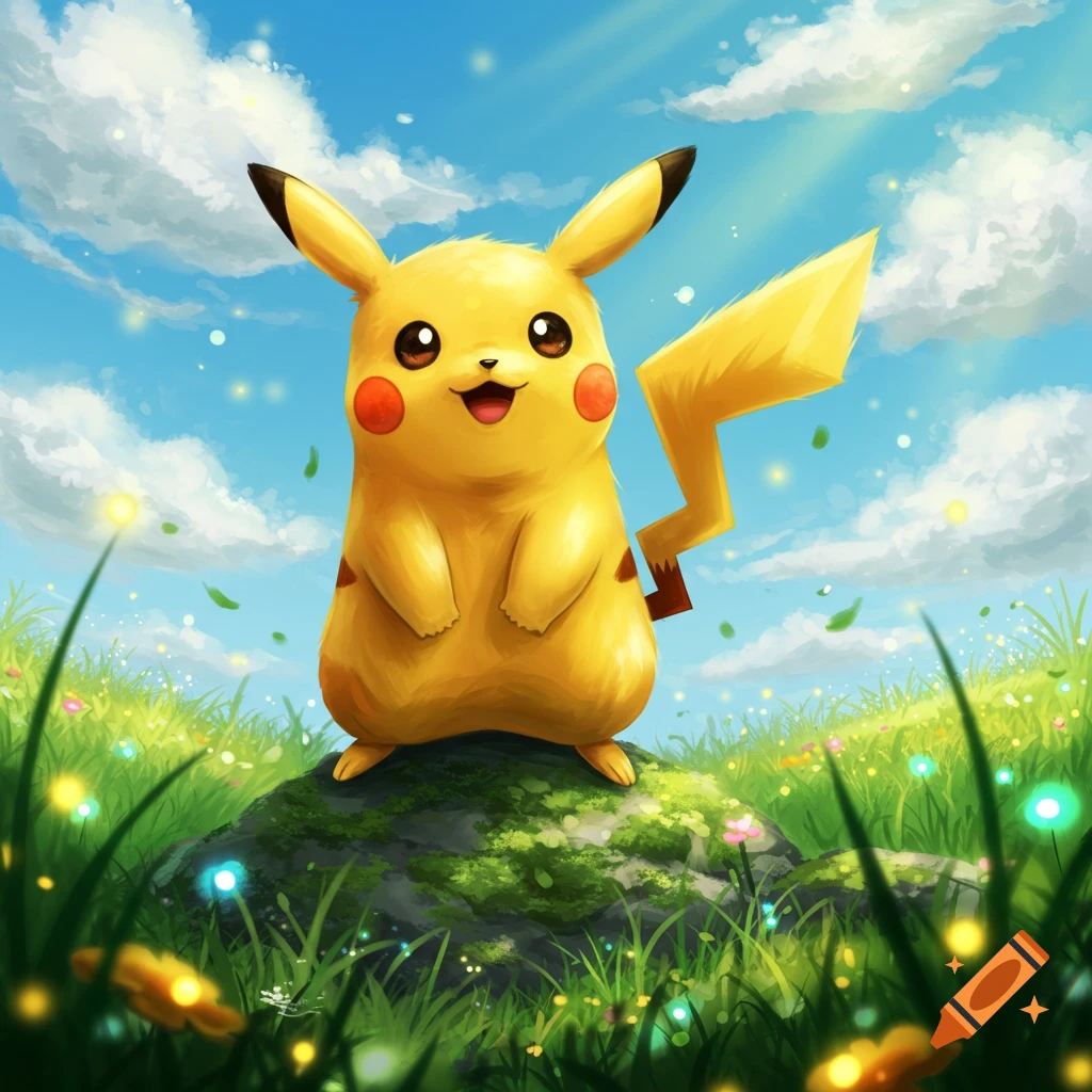 A happy Pikachu stands on a mossy rock in a vibrant grassy field under a bright blue sky with white clouds and falling leaves.