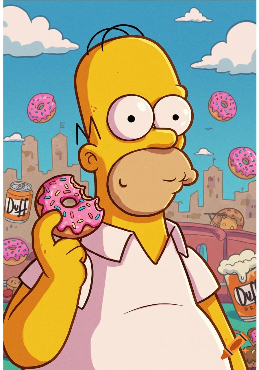Cartoon of Homer Simpson with cross eyes, holding a half-eaten pink donut, with other donuts and Duff beer cans floating around him in a city background.