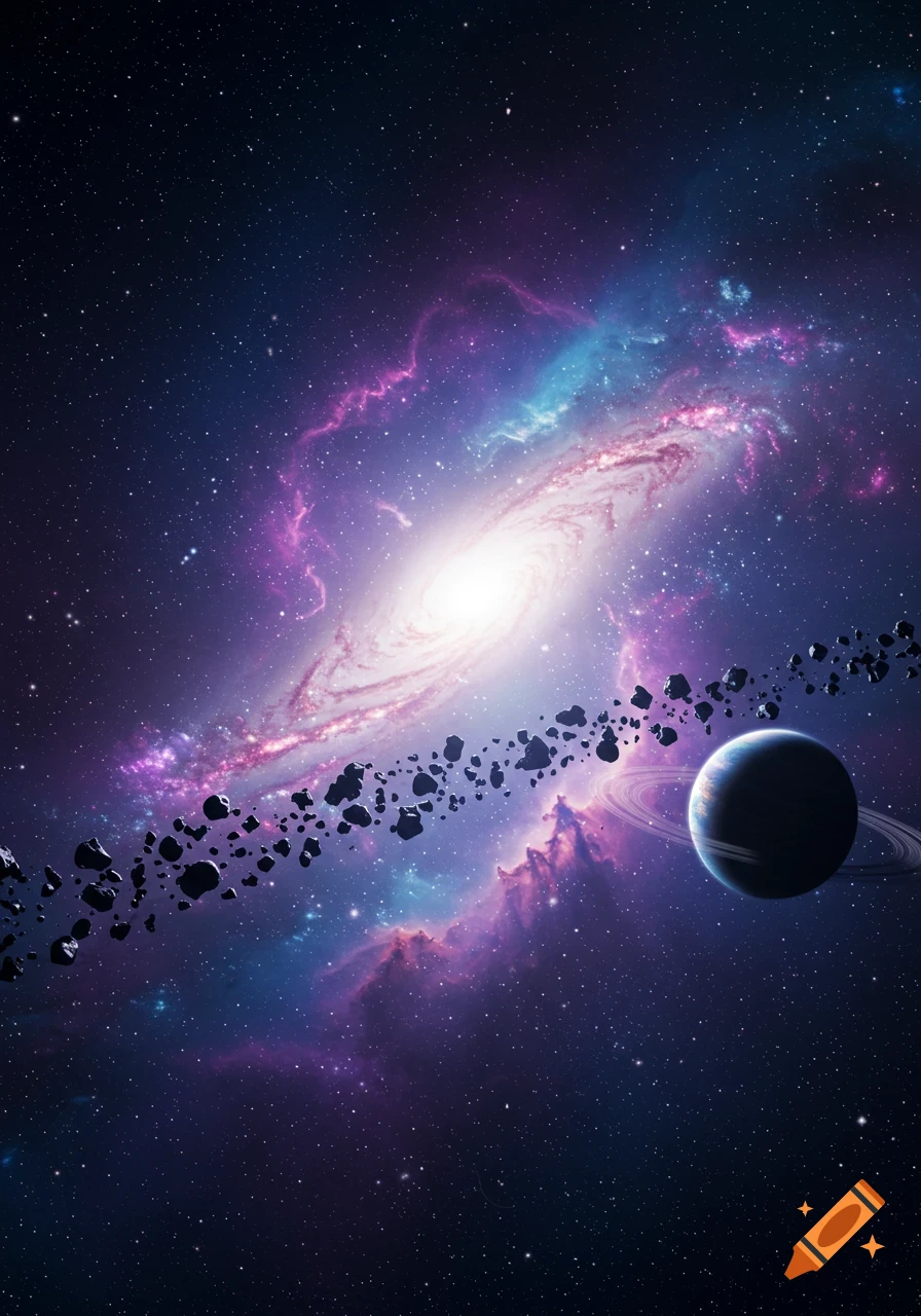 A vibrant spiral galaxy and a ringed planet with an asteroid belt in deep space, digital art.