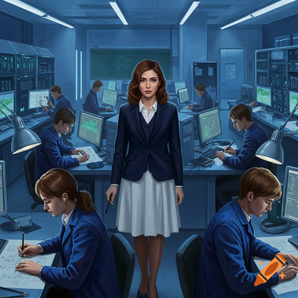 A woman in a dark blue suit and white skirt stands in a dimly lit tech lab, surrounded by students working at computers and drawing.