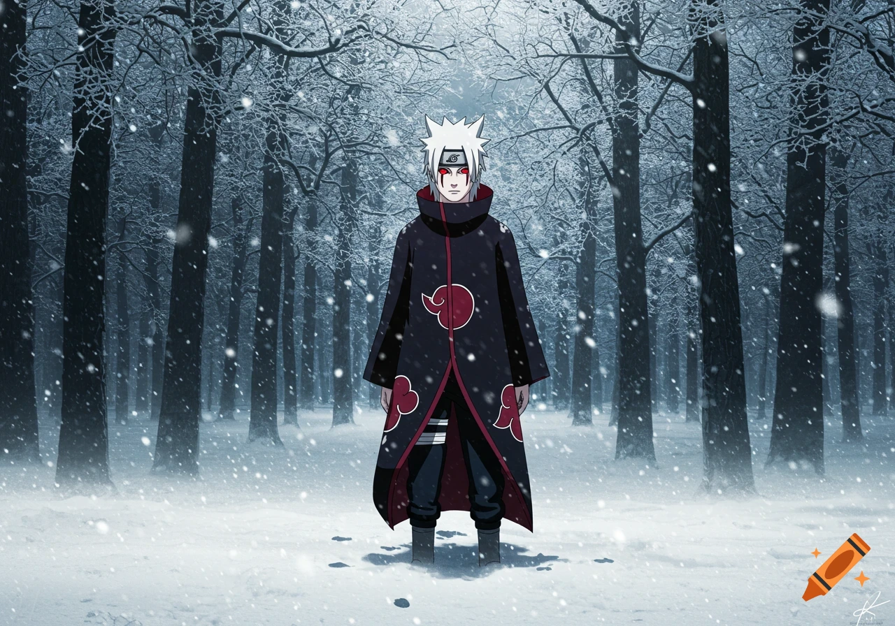 A white-haired anime character with red eyes, wearing a black robe with red swirl patterns, stands in a snowy forest.