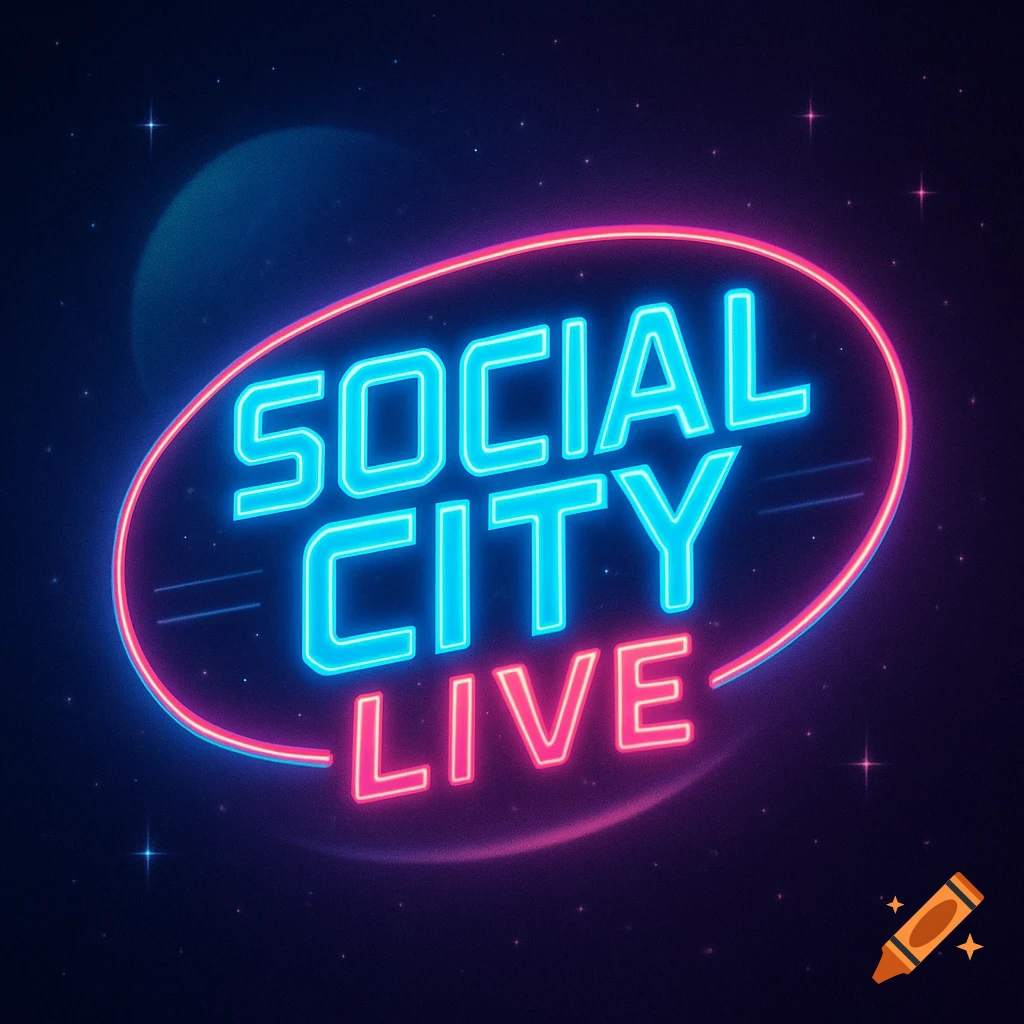 A neon sign for 'SOCIAL CITY LIVE' glowing blue and pink against a dark space background with stars and a planet.