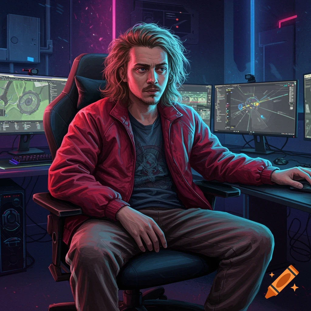 A long-haired man with stubble and a red jacket sits in a gaming chair at a multi-monitor computer setup in a neon-lit room.