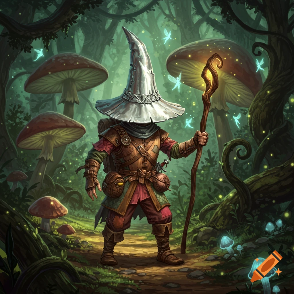 A fantasy adventurer wearing a large pointed hat and carrying a glowing staff walks through an enchanted forest with glowing mushrooms and tiny fairies.