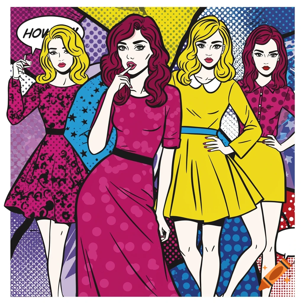 Four women in colorful dresses, depicted in a vibrant pop art comic book style, with a speech bubble saying "HOW."