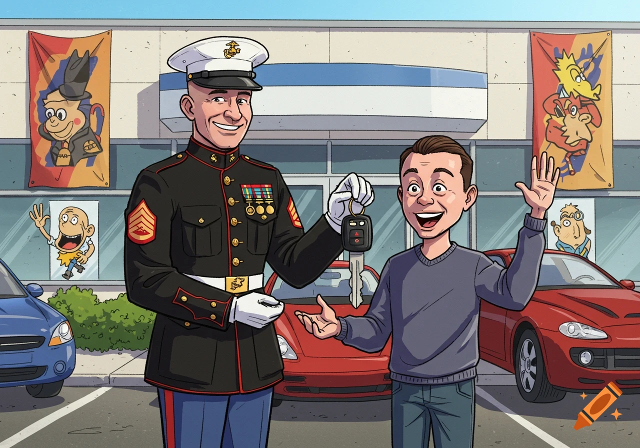 A U.S. Marine in dress blues hands car keys to a happy customer in front of a car dealership, in a caricature style.