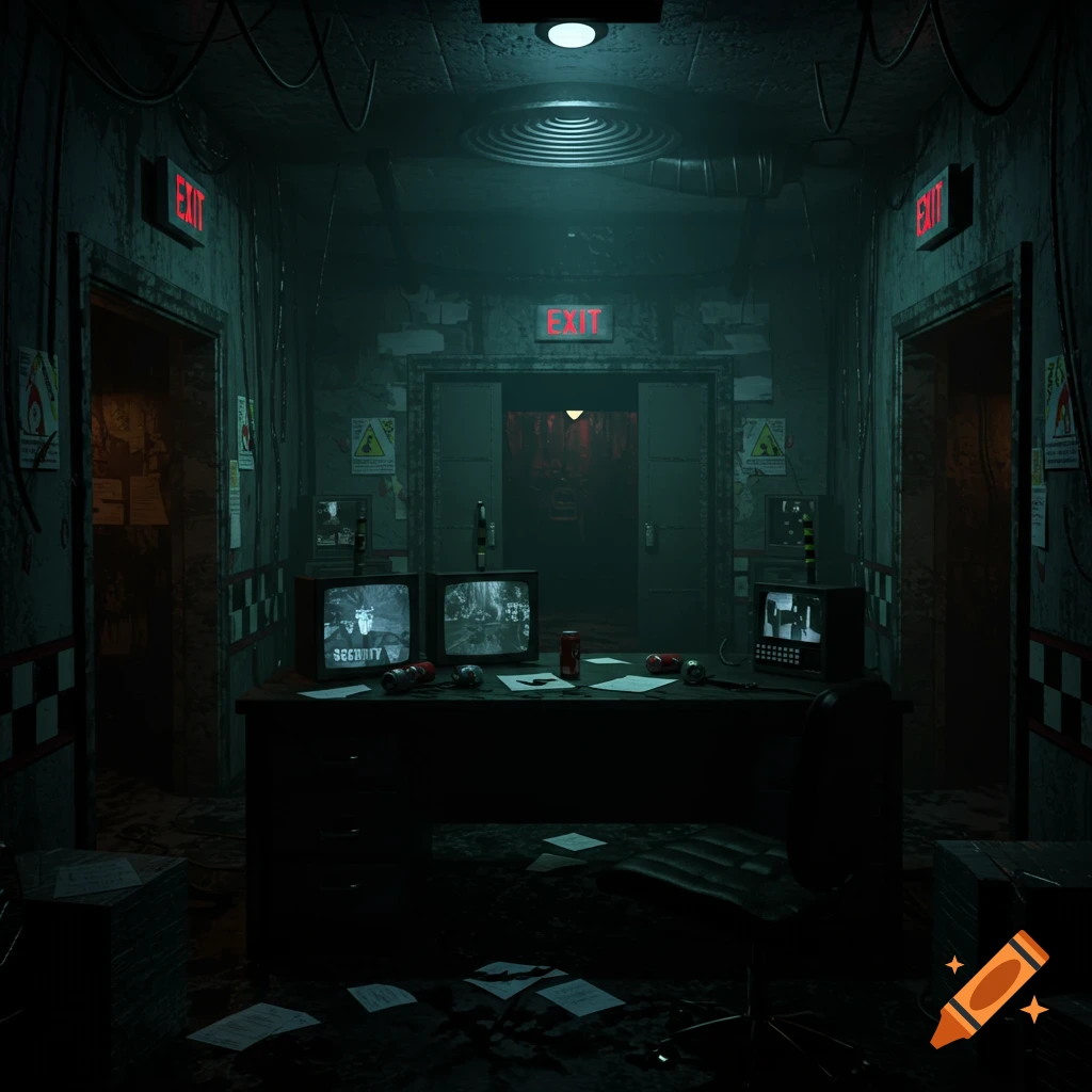 A dark, rundown security office with three red 'EXIT' signs above doors and two monitors on a desk displaying surveillance feeds.