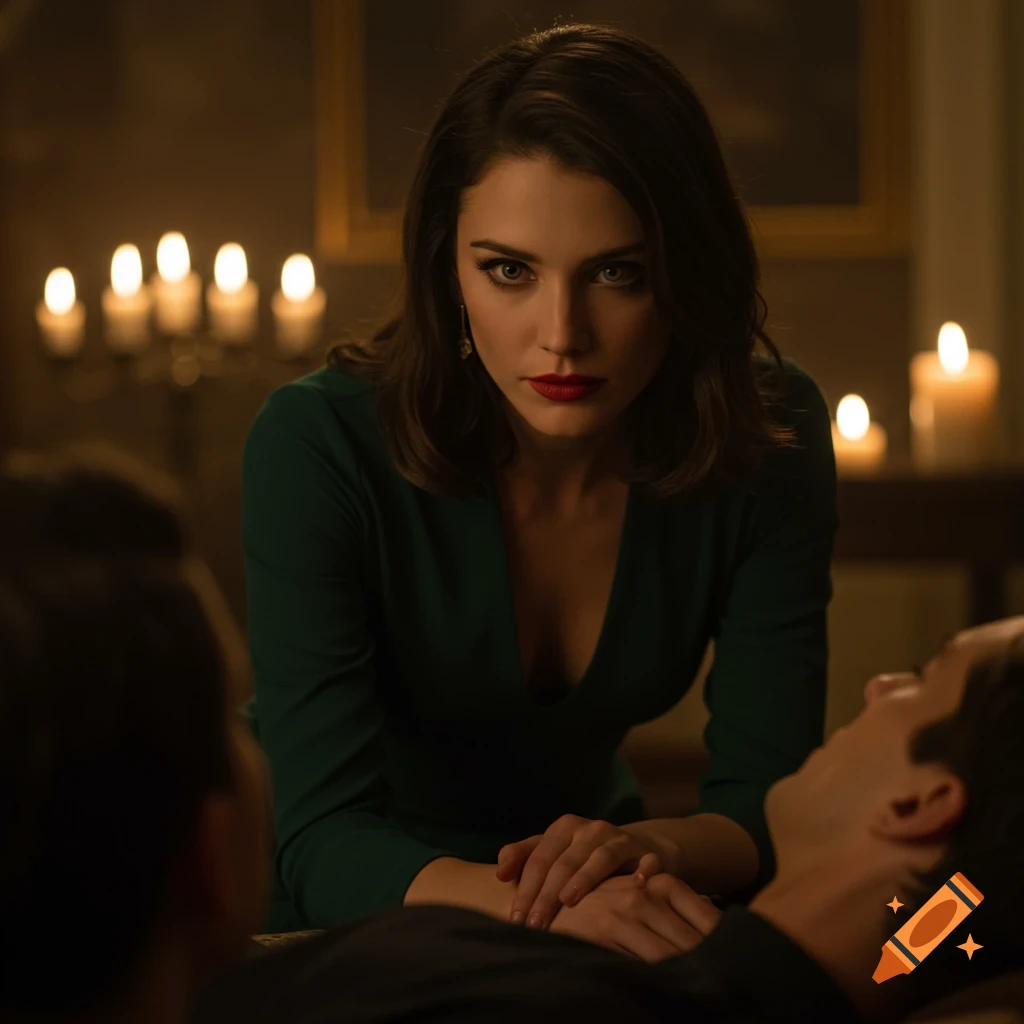 A woman in a green dress gazes intently at a man lying down, in a candlelit, dark room.