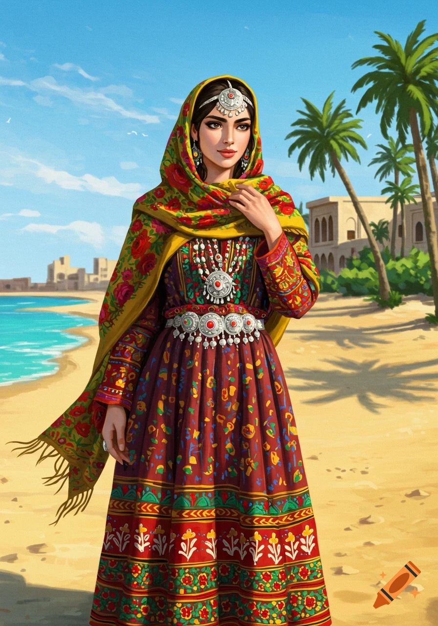 A woman in a vibrant traditional Iranian dress and headscarf stands on a sunny beach with palm trees and buildings.
