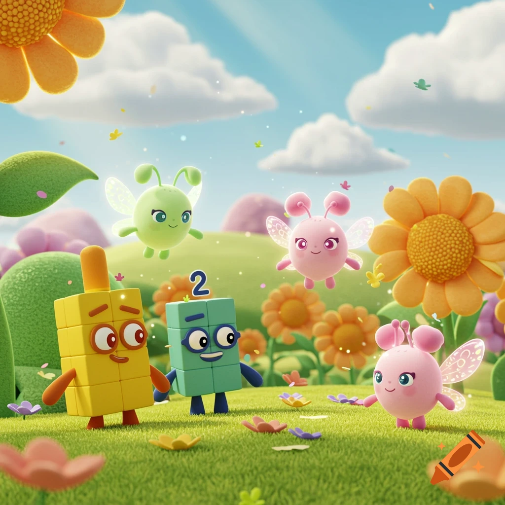 A yellow and a green Numberblock character stand in a sunny, grassy field with large flowers, surrounded by three floating fairy-like creatures.