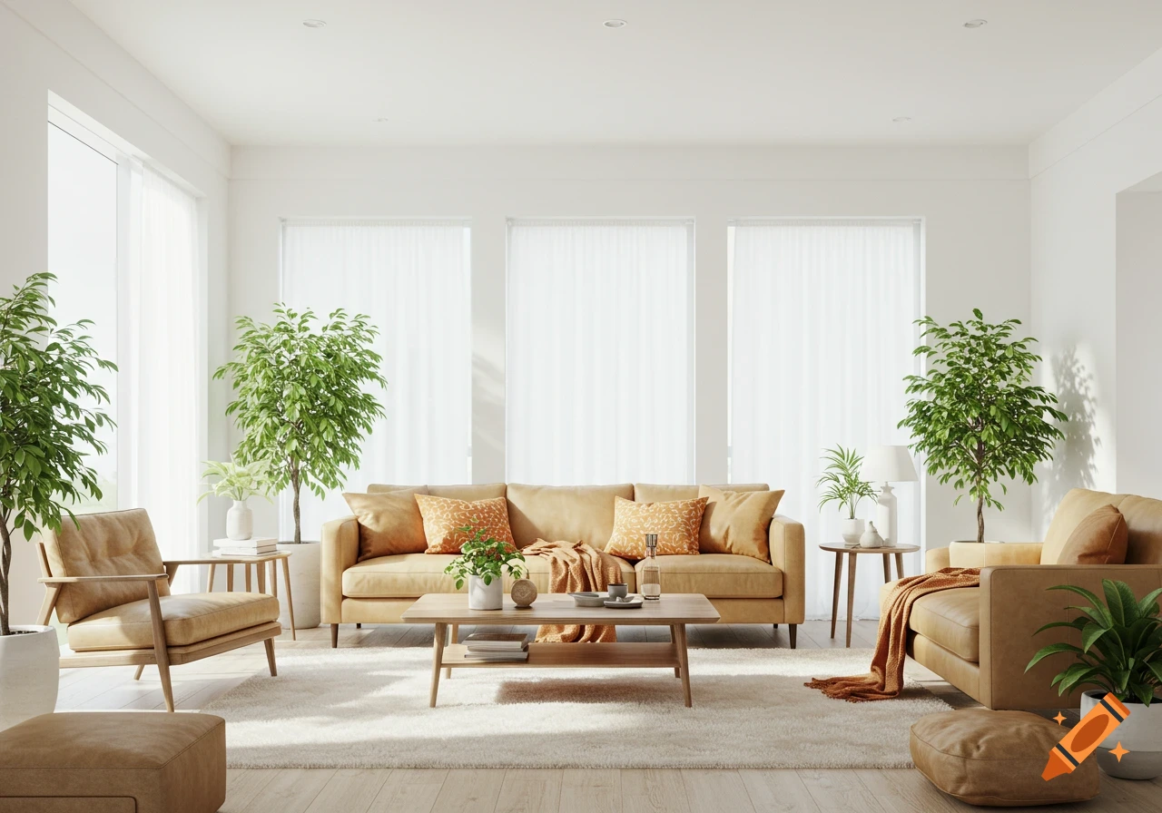 A bright, modern living room with white walls, tan sofas and chairs, green plants, a light rug, and a wooden coffee table, bathed in sunlight.
