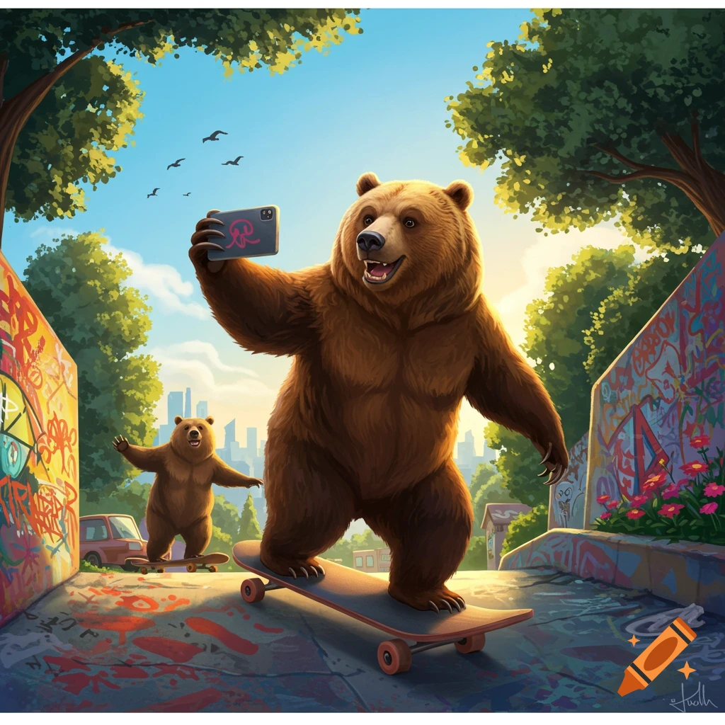 A cartoon bear takes a selfie while skateboarding on a street covered in graffiti. Another bear skates behind it. The scene features trees and a city skyline in the background.